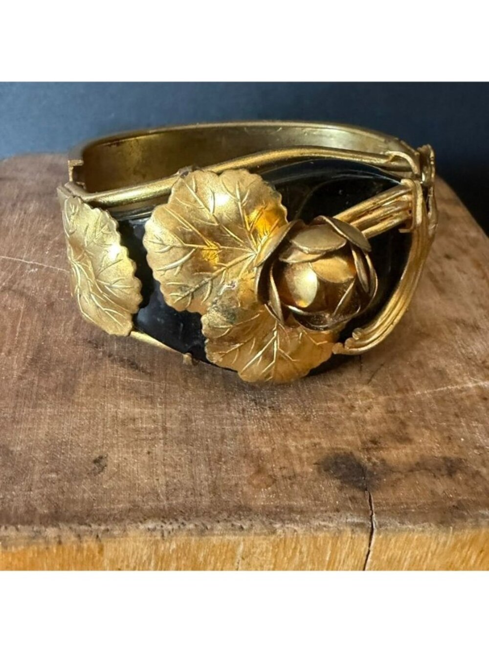 Art Deco Gold/Black Floral Statement Cuff Bracelet Sculpted Leaf Rose Motif Wow!